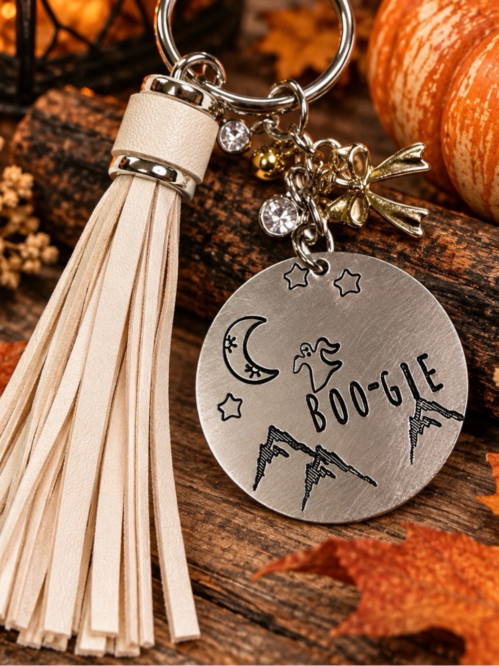 Holiday 'Boo-gie' Tassel Keychain with Beige Tassel